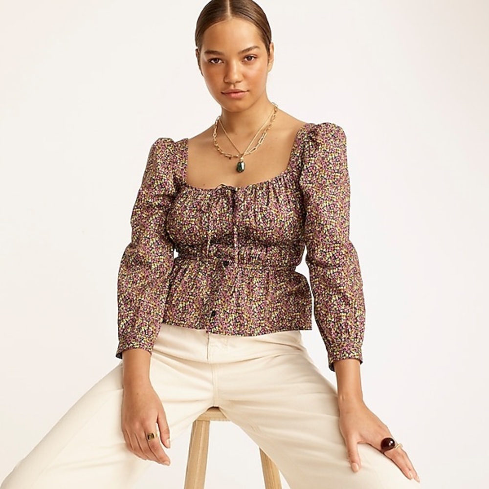 J CREW BOHO CINCHED WAIST SMOCKED TOP LIBERTY IZZY PRINT NWT SZ 8